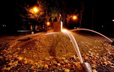 Nocne ujecie fontanny w kształcie pomnika sarenki na kt&oacute;rą tryska woda
