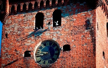 Fragment wieży kościelnej z czerwonej cegły z zegarem, w luftach nad zegarem znajdują się ptaki