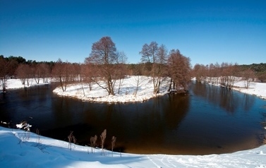 Zakręcające koryto rzeki zimą
