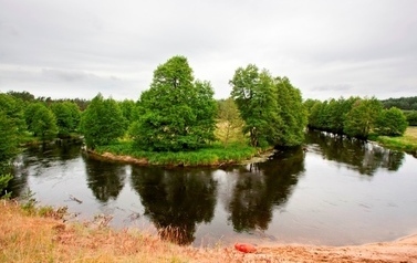 Fragment zakręcającej rzeki, kt&oacute;ry tworzy jak gdyby wysepkę pośrodku zbiornika; krajobraz w otoczeniu zielonych drzew