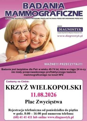BADANIA MAMMOGRAFICZNE BEZPŁATNE BADANIA W RAMACH PROGRAMU PROFILAKTYKI RAKA PIERSI REFUNDOWANE PRZEZ NFZ NSZOZ DIAGNOSTYK Leszek Szyiński &amp; Wojciech Kwiecień S.C. www.diagnostyk.pl WAŻNE!!! PRZECZYTAJ!!! Badanie jest bezpłatne dla Pań w wieku 45-74 lat, 