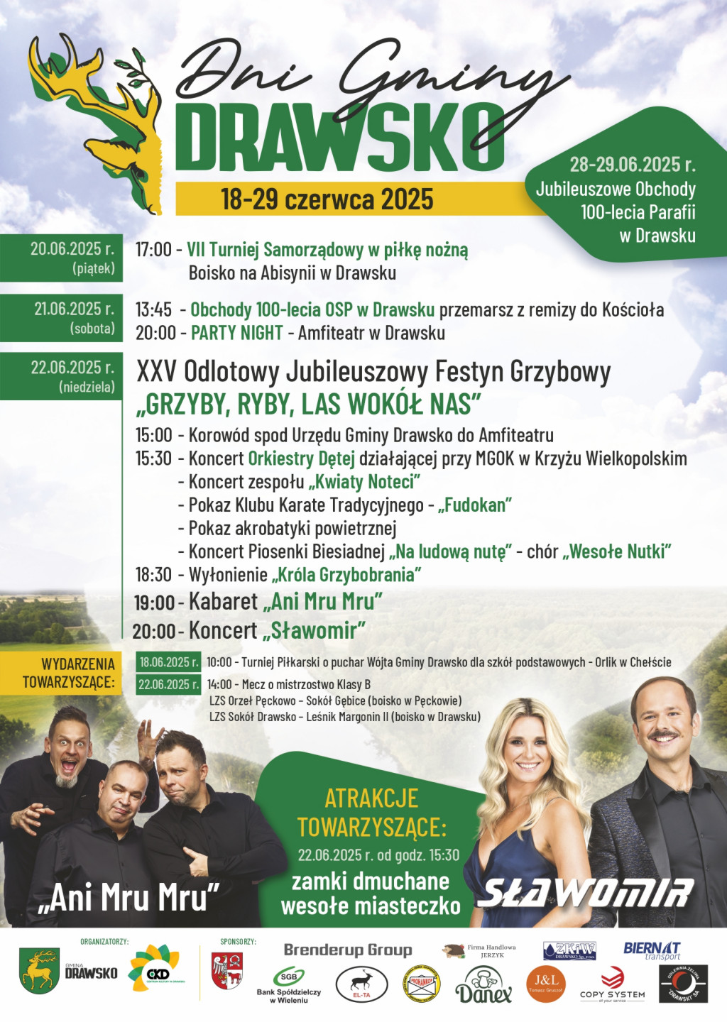 Dni Gminy DRAWSKO 18-29 czerwca 2025 28-29.06.2025 r.  Jubileuszowe Obchody 100-lecia Parafii w&nbsp;Drawsku 20.06.2025 r. 17:00 (piątek) - VII Turniej Samorządowy w&nbsp;piłkę nożną Boisko na&nbsp;Abisynii w&nbsp;Drawsku 21.06.2025 r. (sobota) 13:45 - Obchody 100-lecia OSP w&nbsp;Drawsku przemarsz z&nbsp;remizy do Kościoła 20:00 - PARTY NIGHT - Amfiteatr w&nbsp;Drawsku 22.06.2025 r. (niedziela)XXV Odlotowy Jubileuszowy Festyn Grzybowy &bdquo;GRZYBY, RYBY, LAS WOK&Oacute;Ł NAS" 15:00 - Korow&oacute;d spod Urzędu Gminy Drawsko do Amfiteatru 15:30 - Koncert Orkiestry Dętej działającej przy MGOK w&nbsp;Krzyżu Wielkopolskim - Koncert zespołu &bdquo;Kwiaty Noteci" - Pokaz Klubu Karate Tradycyjnego -,,Fudokan" - Pokaz akrobatyki powietrznej - Koncert Piosenki Biesiadnej &bdquo;Na ludową nutę" &ndash; ch&oacute;r ,,Wesołe Nutki" 18:30 - Wyłonienie &bdquo;Kr&oacute;la Grzybobrania" 19:00 &ndash; Kabaret ,,Ani Mru Mru" 20:00- Koncert ,,Sławomir" WYDARZENIA TOWARZYSZĄCE: 18.06.2025 r. 10:00 - Turniej Piłkarski o&nbsp;puchar W&oacute;jta Gminy Drawsko dla szk&oacute;ł podstawowych - Orlik w&nbsp;Chełście 22.06.2025 r. 14:00 - Mecz o&nbsp;mistrzostwo Klasy B LZS Orzeł Pęckowo - Sok&oacute;ł Gębice (boisko w&nbsp;Pęckowie) LZS Sok&oacute;ł Drawsko - Leśnik Margonin II (boisko w&nbsp;Drawsku) &bdquo;Ani Mru Mru" SŁAWOMIR ATRAKCJE TOWARZYSZĄCE: 22.06.2025r. od godz. 15:30 zamki dmuchane, wesołe miasteczko