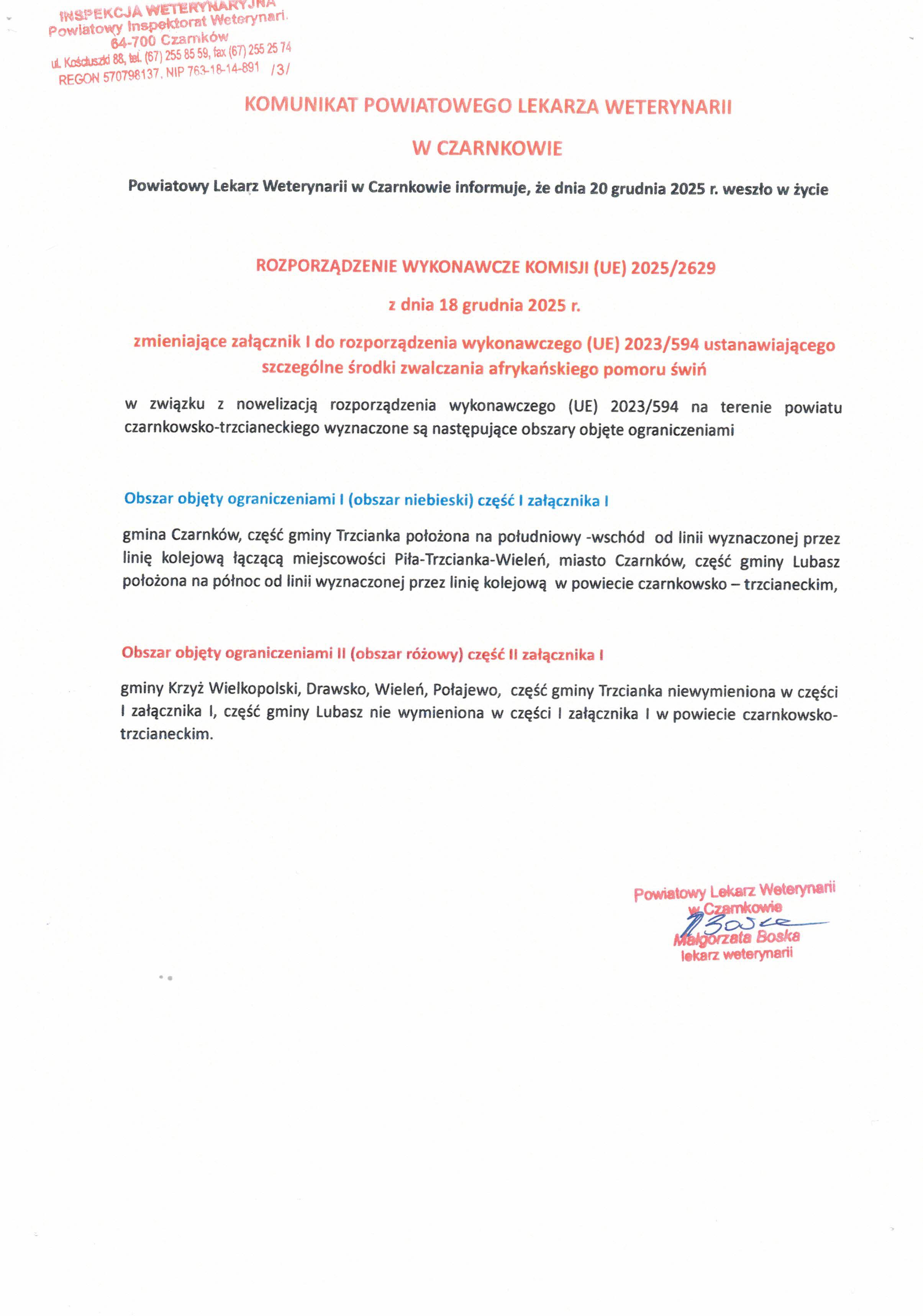 komunikat powiatowego lekarza weterynarii w&nbsp;Czarnkowie