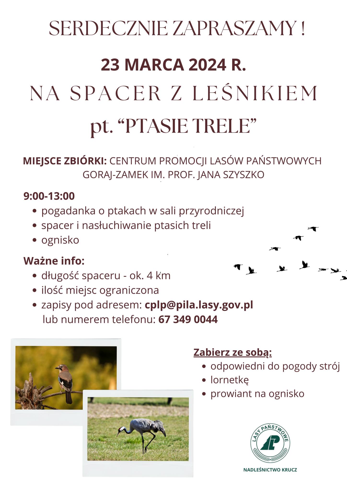 SERDECZNIE ZAPRASZAMY! 23 MARCA 2024 R. NA SPACER Z LEŚNIKIEM pt. "PTASIE TRELE&rdquo; MIEJSCE ZBI&Oacute;RKI: CENTRUM PROMOCJI LAS&Oacute;W PAŃSTWOWYCH GORAJ-ZAMEK IM. PROF. JANA SZYSZKO 9:00-13:00 pogadanka o&nbsp;ptakach w&nbsp;sali przyrodniczej spacer i&nbsp;nasłuchiwanie ptasich treli ognisko Ważne info: długość spaceru - ok. 4 km ilość miejsc ograniczona zapisy pod adresem: cplp@pila.lasy.gov.pl lub&nbsp;numerem telefonu: 67 349 0044 Zabierz ze sobą: odpowiedni do pogody str&oacute;j lornetkę prowiant na&nbsp;ognisko LASY PAŃSTWOWE NADLEŚNICTWO KRUCZ