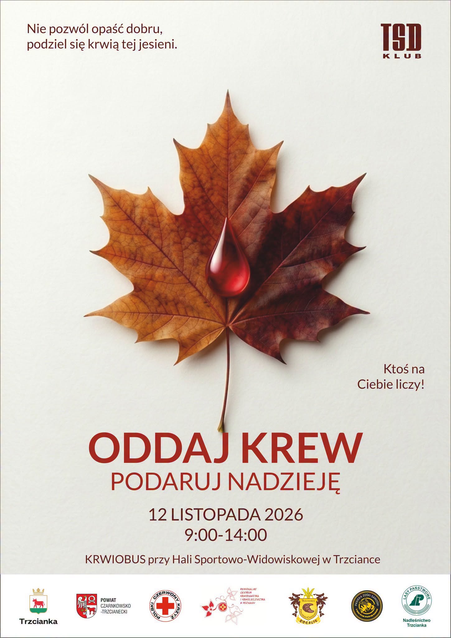 Nie pozw&oacute;l opaść dobru, podziel się krwią tej jesieni. T9D KLUB Trzcianka Ktoś na&nbsp;Ciebie liczy! ODDAJ KREW PODARUJ NADZIEJĘ 12 LISTOPADA 2026 9:00-14:00 KRWIOBUS przy Hali Sportowo-Widowiskowej w&nbsp;Trzciance POWIAT CZARNKOWSKO -TRZCIANECKI CZERWONE POLSKI KAZYS REGIONALNE CENTRUM KRWIODAWSTWA 1 KRWIOLECZNICTWA TRZCIANKA Nadleśnictwo Trzcianka