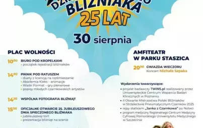 Miejskie Centrum Kultury w Czarnkowie zaprasza na 25. DZIEŃ SPIECZONEGO BLIZNIAKA – 30 sierpnia PLAC WOLNOŚCI 10:00 początek rejestracji bliźniaków 14:00 PIKNIK POD RATUSZEM duety z licencją na rozśmieszanie Akademia Kleks - animacje Wielki Format - gry p