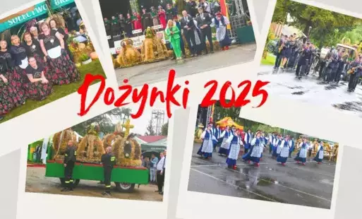 Kolaż zdjęć, na środku napis: Dożynki 2025.