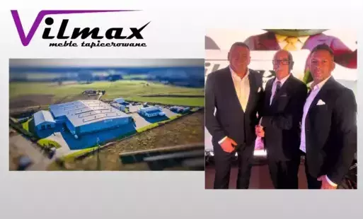Napis Vilmax, zdjęcie budynku - hali oraz zdjęcie trzech elegancko ubranych mężczyzn.
