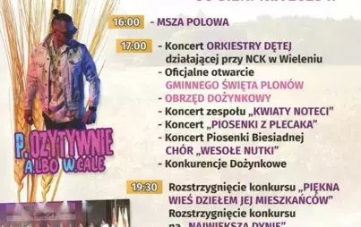 Gminne Święto PLONÓW AMFITEATR W DRAWSKU 30 SIERPNIA 2025 r.  16:00 - MSZA POLOWA 17:00 - Koncert ORKIESTRY DĘTEJ działającej przy NCK w Wieleniu - Oficjalne otwarcie GMINNEGO ŚWIĘTA PLONÓW - OBRZĘD DOŻYNKOWY - Koncert zespołu ,,KWIATY NOTECI' - Koncert „